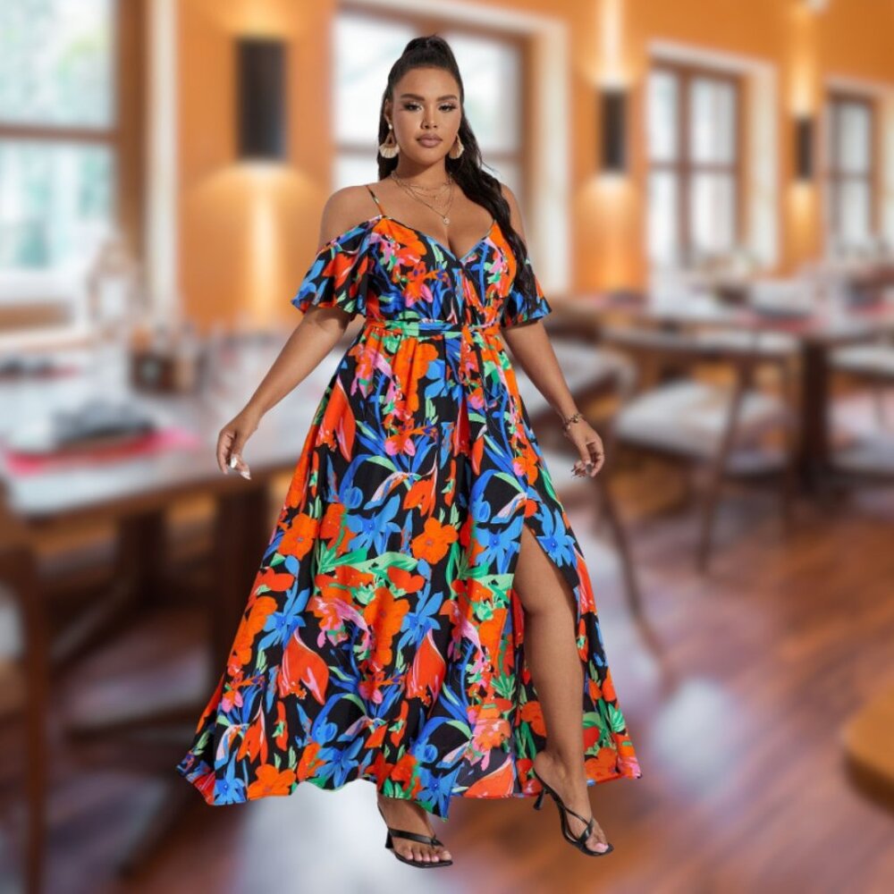 Floral Print Cold Shoulder Belted Dress Size XL